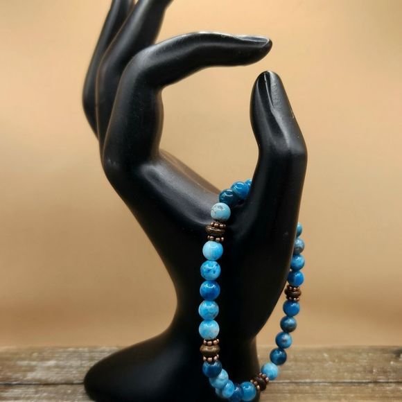 Neon Blue Apatite, Bronzite, and Copper Beaded Bracelet - Picture 2 of 3